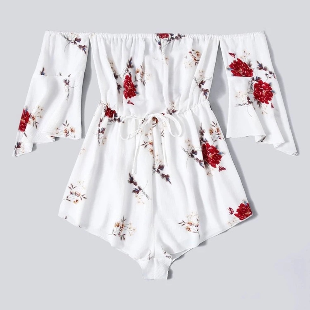 White and Floral Off the Shoulder Romper